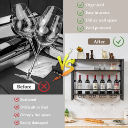 Vægmonteret vinreol trækomposit metal 80x20x63cm rustik brun 3 hylder 16 glas