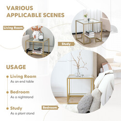 Sidebord i guld metal og hærdet glas 56x56 cm to niveauer