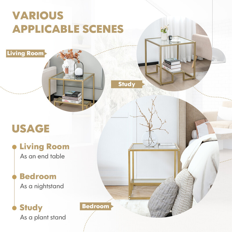 Sidebord i guld metal og hærdet glas 56x56 cm to niveauer