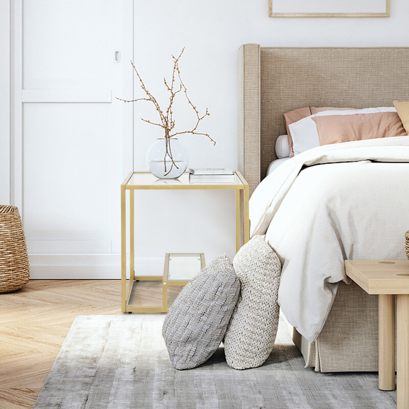 Sidebord i guld metal og hærdet glas 56x56 cm to niveauer