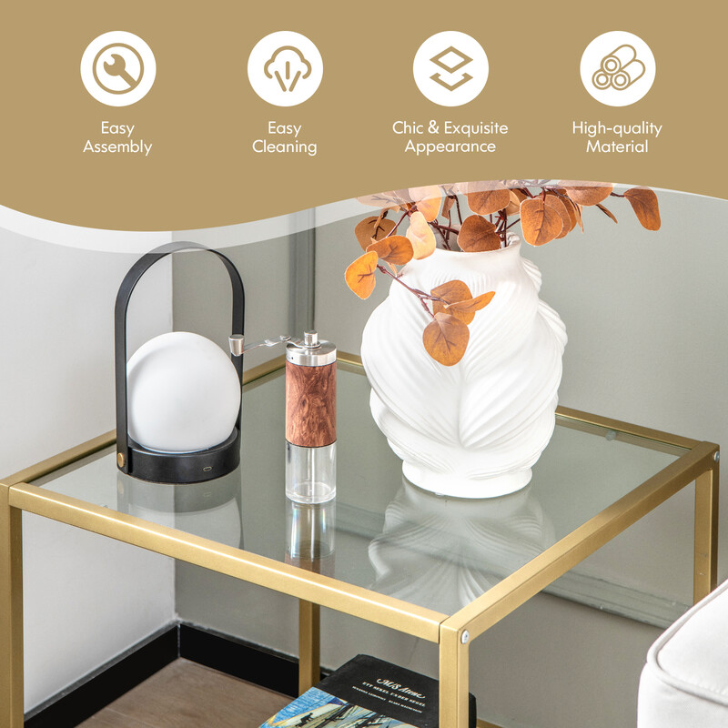 Sidebord i guld metal og hærdet glas 56x56 cm to niveauer