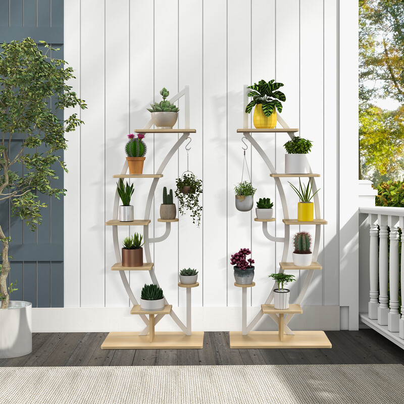 Halvmåneformet metalopbevaringsstativ med 8 hylder og krog hvid 60x30x155 cm