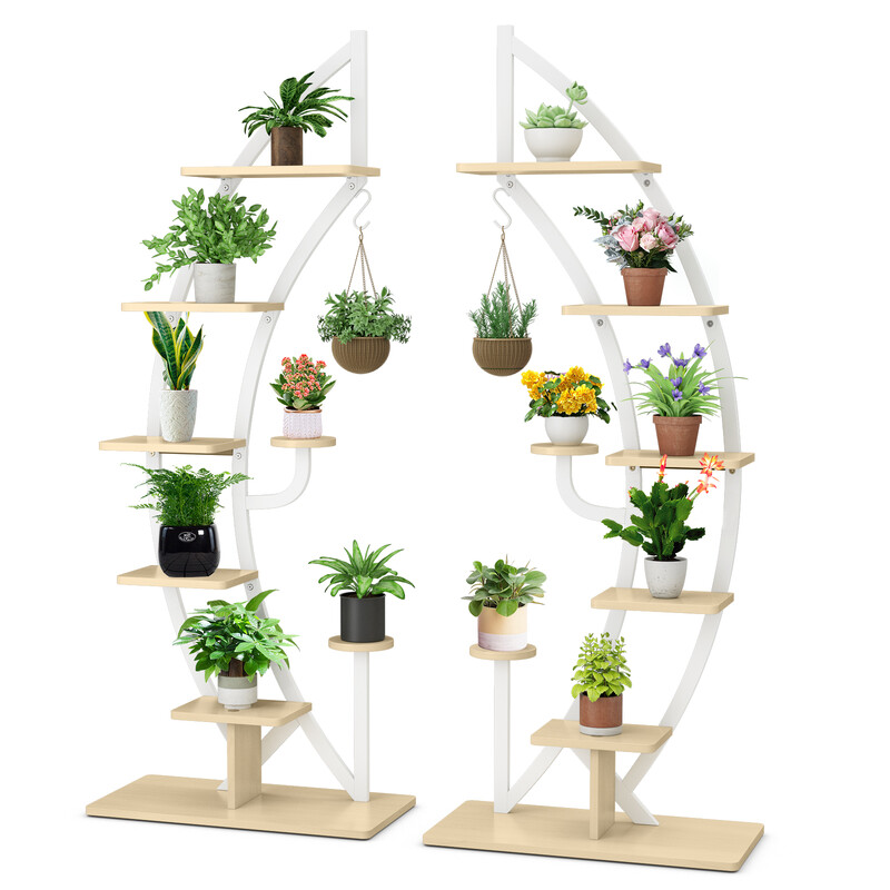 Halvmåneformet metalopbevaringsstativ med 8 hylder og krog hvid 60x30x155 cm