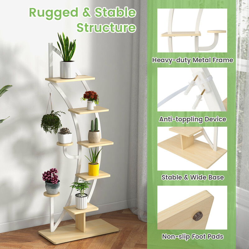 Halvmåneformet metalopbevaringsstativ med 8 hylder og krog hvid 60x30x155 cm