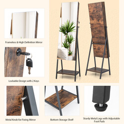 Smykkeskab rustik brun MDF med spejl og LED-belysning 41x37x157 cm