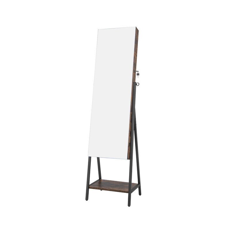 Smykkeskab rustik brun MDF med spejl og LED-belysning 41x37x157 cm