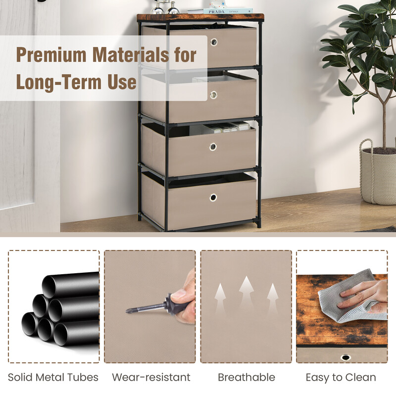 Kommode brun fibertekstil metal 4 skuffer 42x33