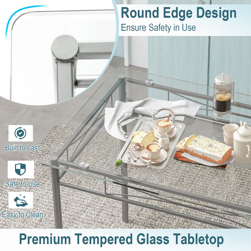 Spisegruppe med hærdet glasbord 107x70x76 cm og 4 metalstole