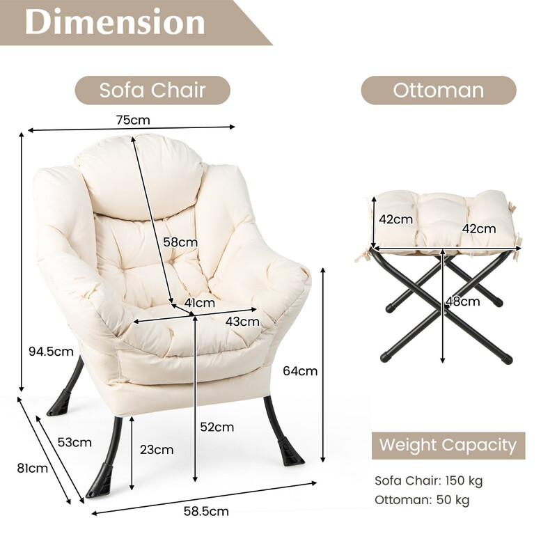 Lænestol med fodpall beige polyester metalramme 75x81x94 cm