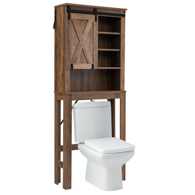 Toiletskab i træ med skydedør justerbare hylder landlig brun 67x25x172cm