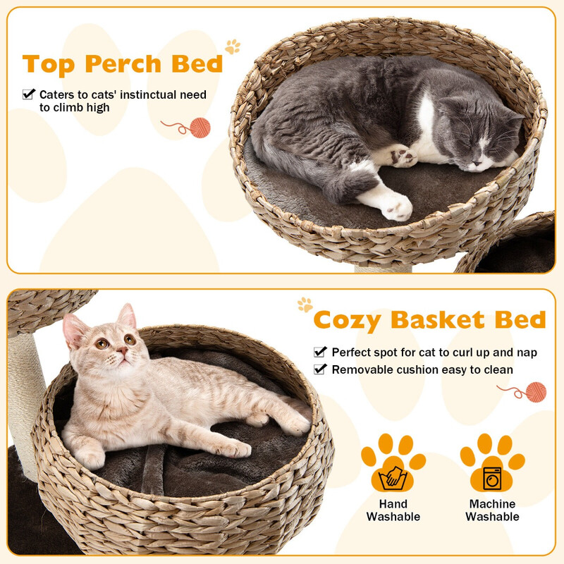 Katteklatretræ i træ 45x45x103 cm med sisal seng og bold