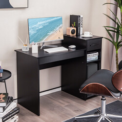 Skrivebord i sort træ MDF 102x50x82 cm med skuffe og hylder