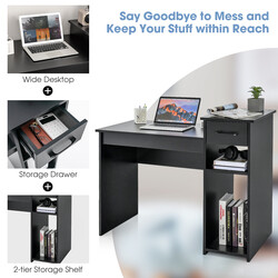 Skrivebord i sort træ MDF 102x50x82 cm med skuffe og hylder