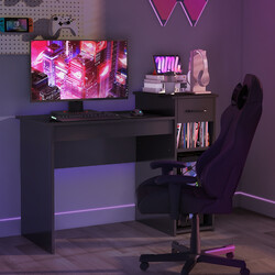 Skrivebord i sort træ MDF 102x50x82 cm med skuffe og hylder