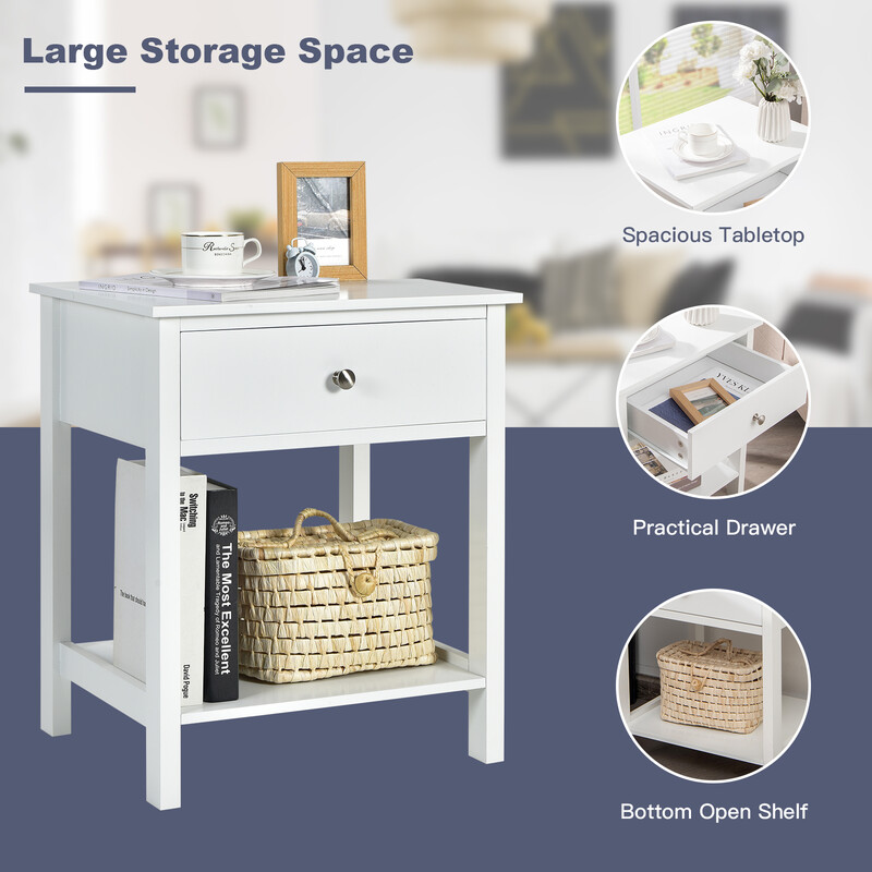 Natbord 2-pak hvid MDF 48x40x58 cm med skuffe og hylde