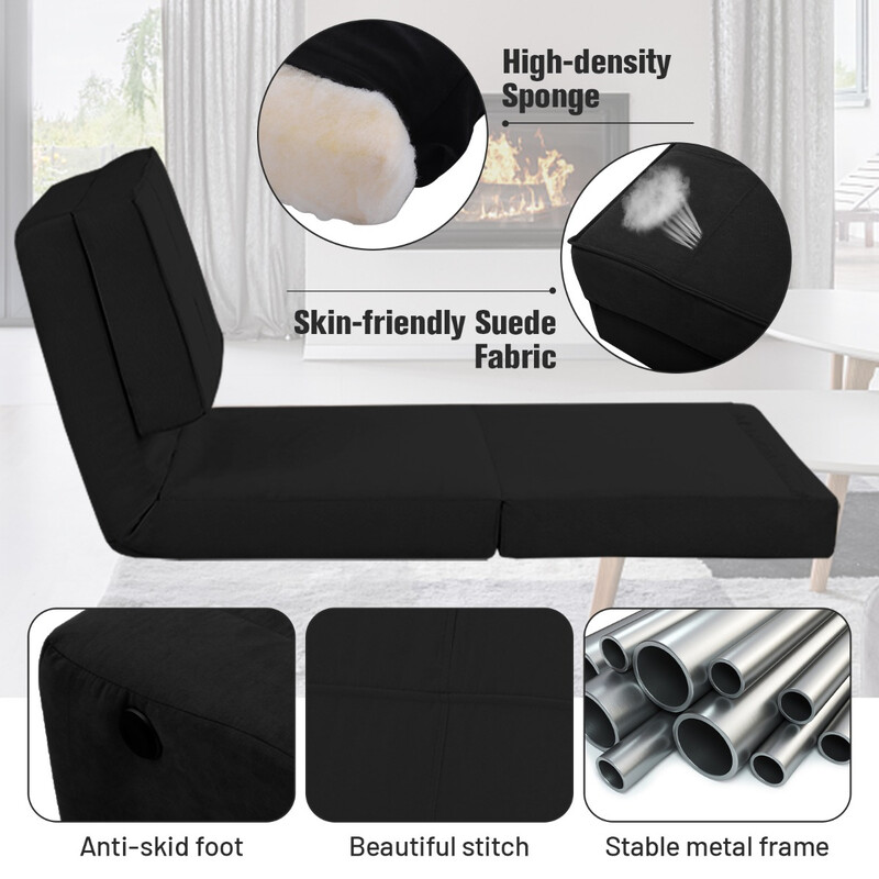 Sort 3-i-1 sofa med justerbar rygstøtte og mocklæder metalramme