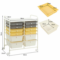 Gul rullvogn med metalramme 12 plastskuffer 64x38x75 cm