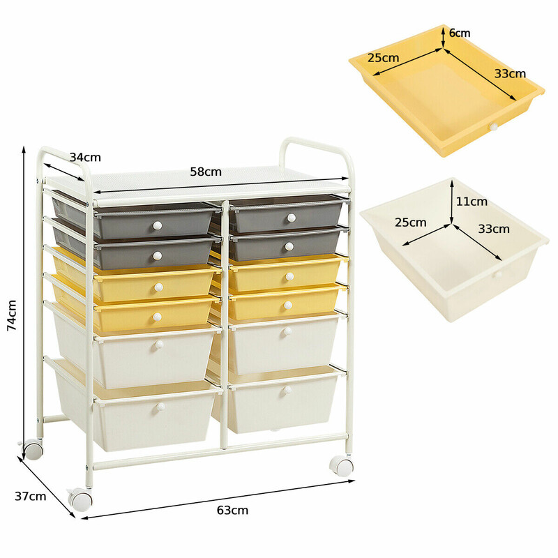 Gul rullvogn med metalramme 12 plastskuffer 64x38x75 cm