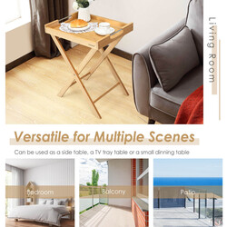 Hopfældeligt sidebord bambus 47x38 cm aftagelig bakke rustfri stål håndtag