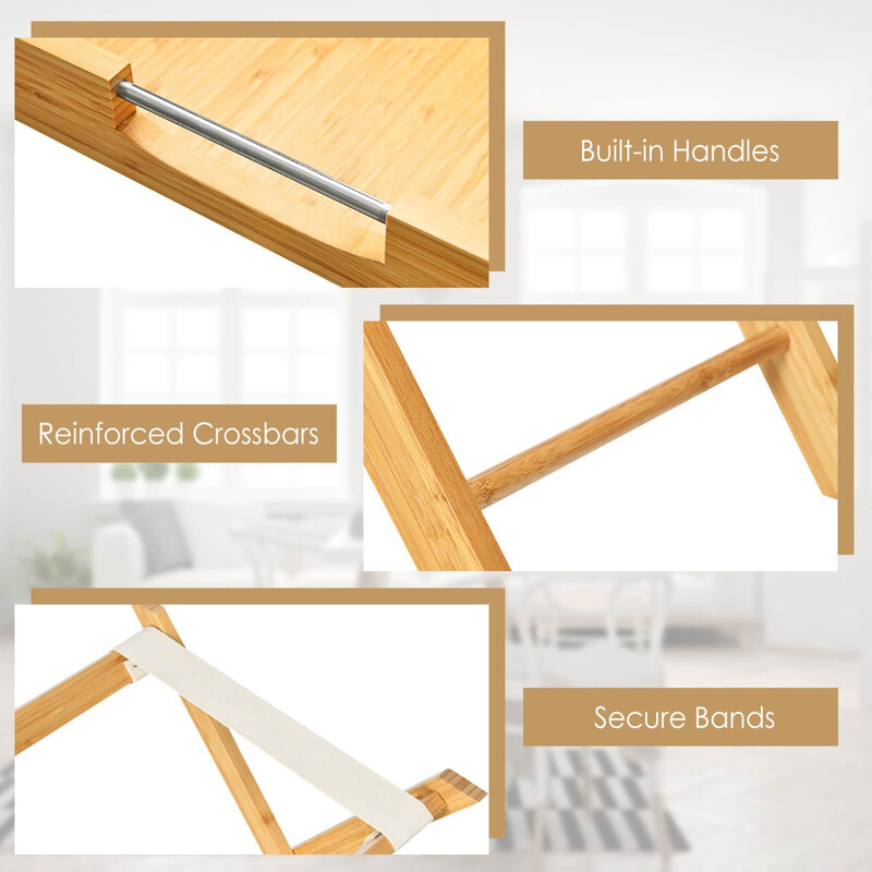 Hopfældeligt sidebord bambus 47x38 cm aftagelig bakke rustfri stål håndtag