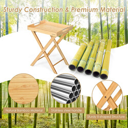 Hopfældeligt sidebord bambus 47x38 cm aftagelig bakke rustfri stål håndtag