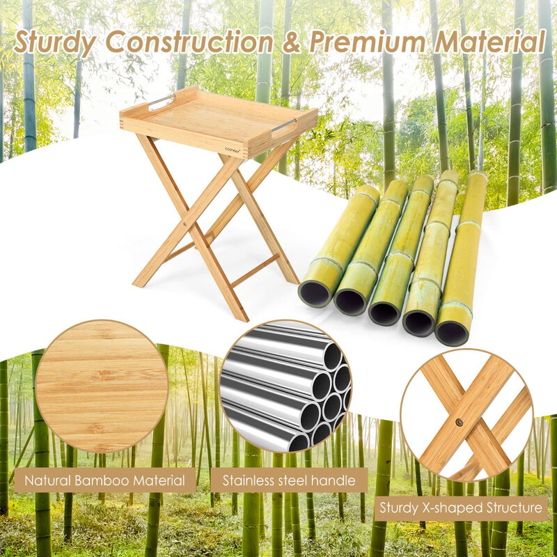 Hopfældeligt sidebord bambus 47x38 cm aftagelig bakke rustfri stål håndtag