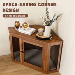 Hjørnehus til kæledyr brun trædesign PB metal 114x59x67 cm med pude