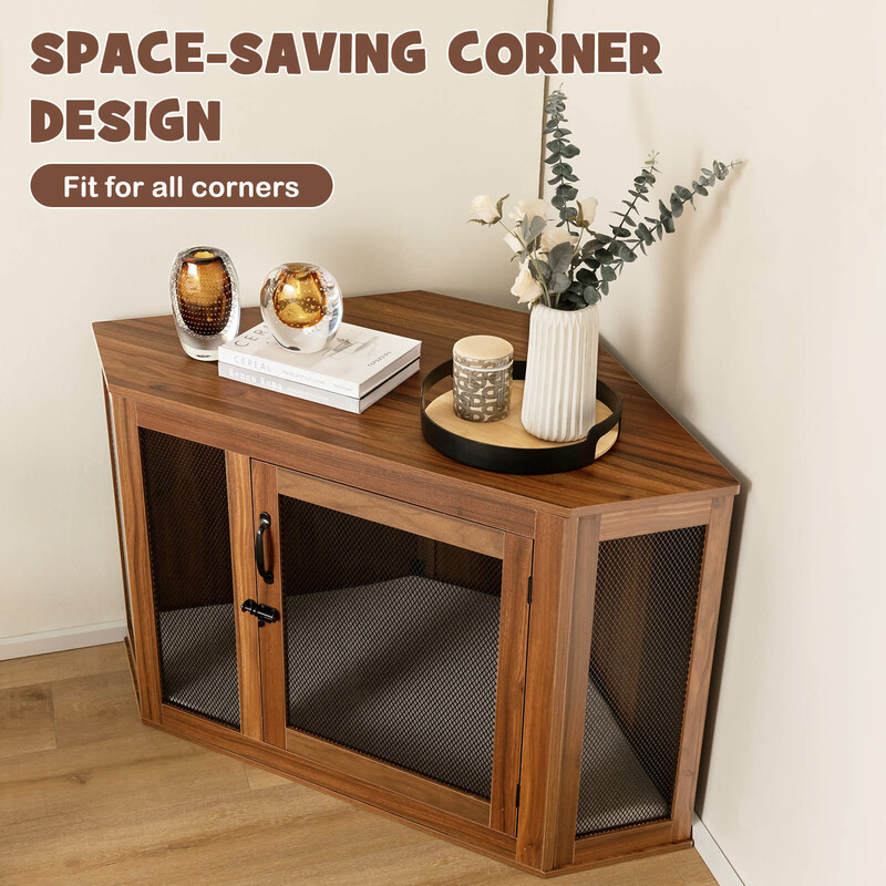 Hjørnehus til kæledyr brun trædesign PB metal 114x59x67 cm med pude