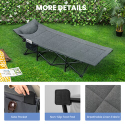 Campingmadras grå metalramme 190x68 cm 204 kg bæreevne ergonomisk hovedstøtte med sidelomme