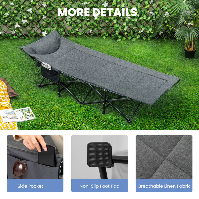 Campingmadras grå metalramme 190x68 cm 204 kg bæreevne ergonomisk hovedstøtte med sidelomme