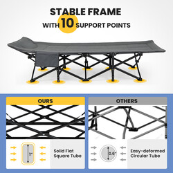 Campingmadras grå metalramme 190x68 cm 204 kg bæreevne ergonomisk hovedstøtte med sidelomme