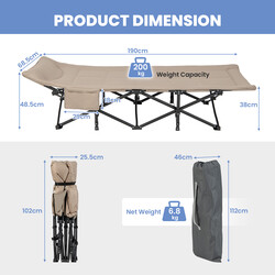 Foldbar campingseng metal 190x68 cm med 204 kg bæreevne khaki