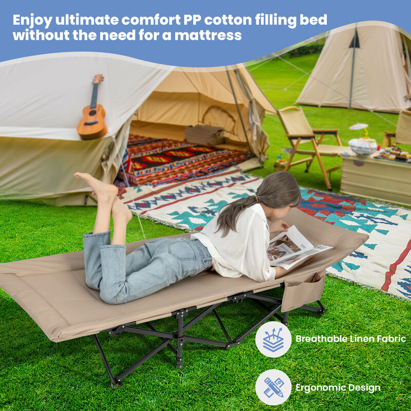 Foldbar campingseng metal 190x68 cm med 204 kg bæreevne khaki