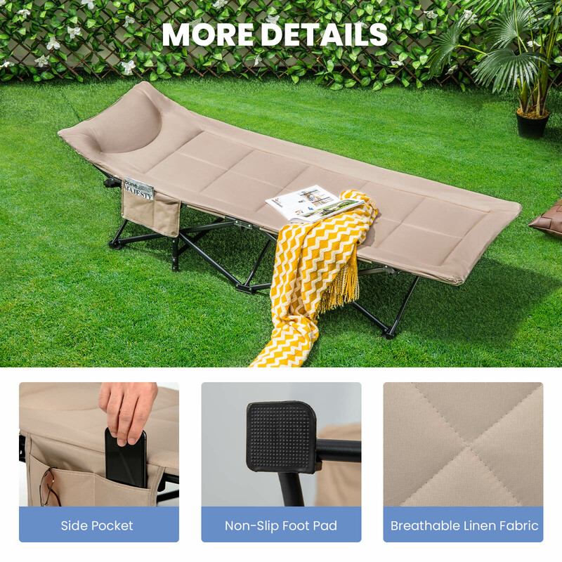 Foldbar campingseng metal 190x68 cm med 204 kg bæreevne khaki