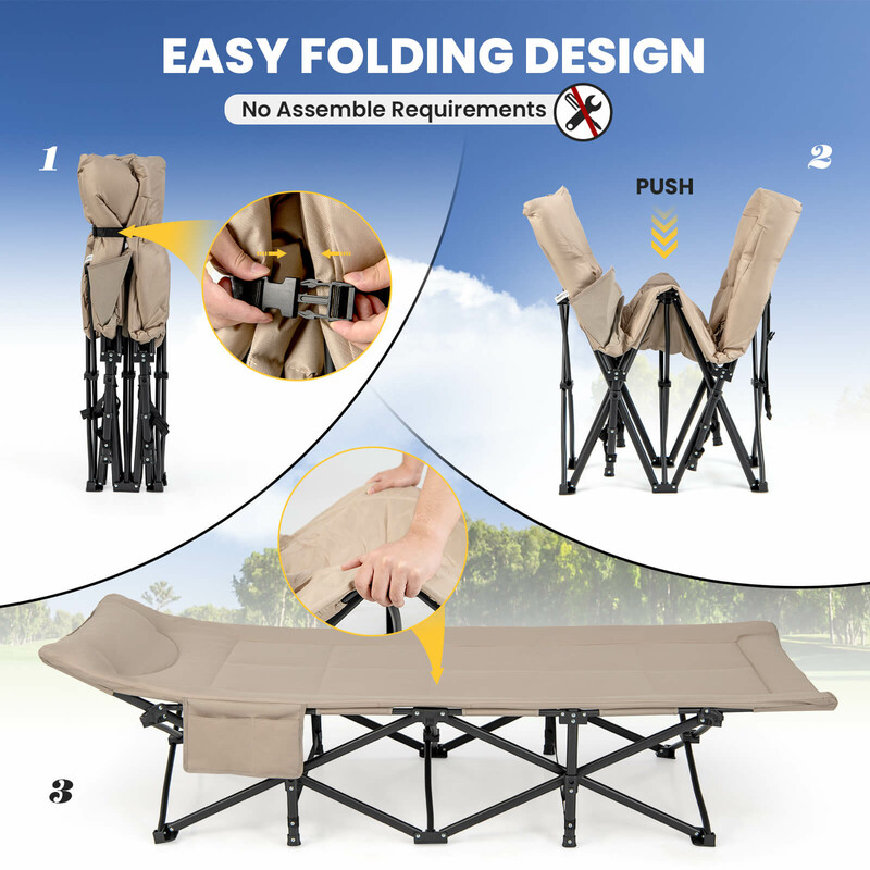 Foldbar campingseng metal 190x68 cm med 204 kg bæreevne khaki