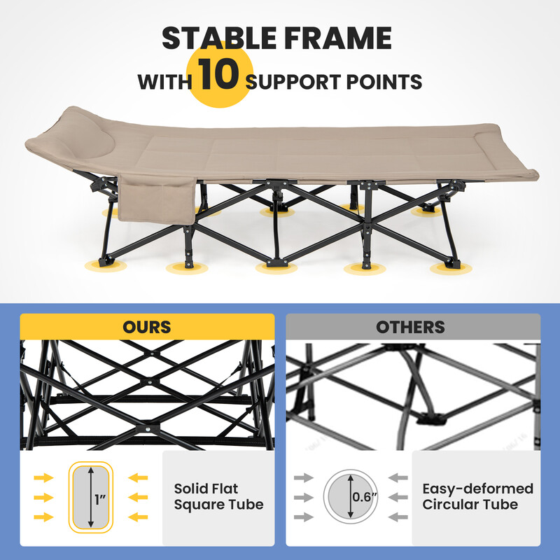 Foldbar campingseng metal 190x68 cm med 204 kg bæreevne khaki