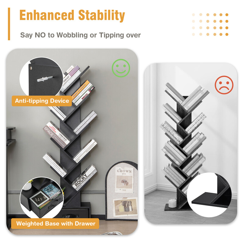 Boghylde sort træ 10 hylder med stofboks 38x21