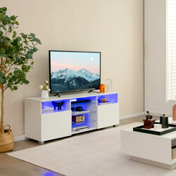 TV-bænk hvid MDF med LED-belysning justerbare glashylder 146x35x53 cm