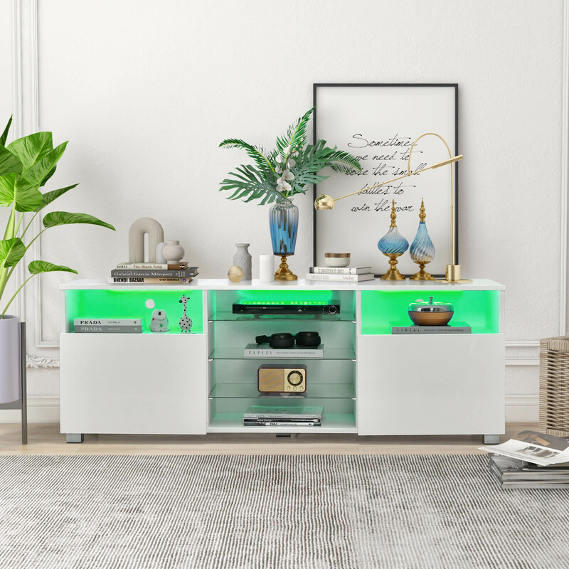 TV-bænk hvid MDF med LED-belysning justerbare glashylder 146x35x53 cm