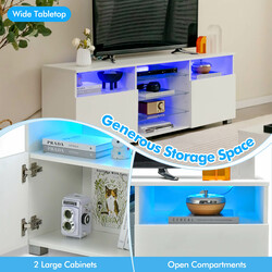 TV-bænk hvid MDF med LED-belysning justerbare glashylder 146x35x53 cm