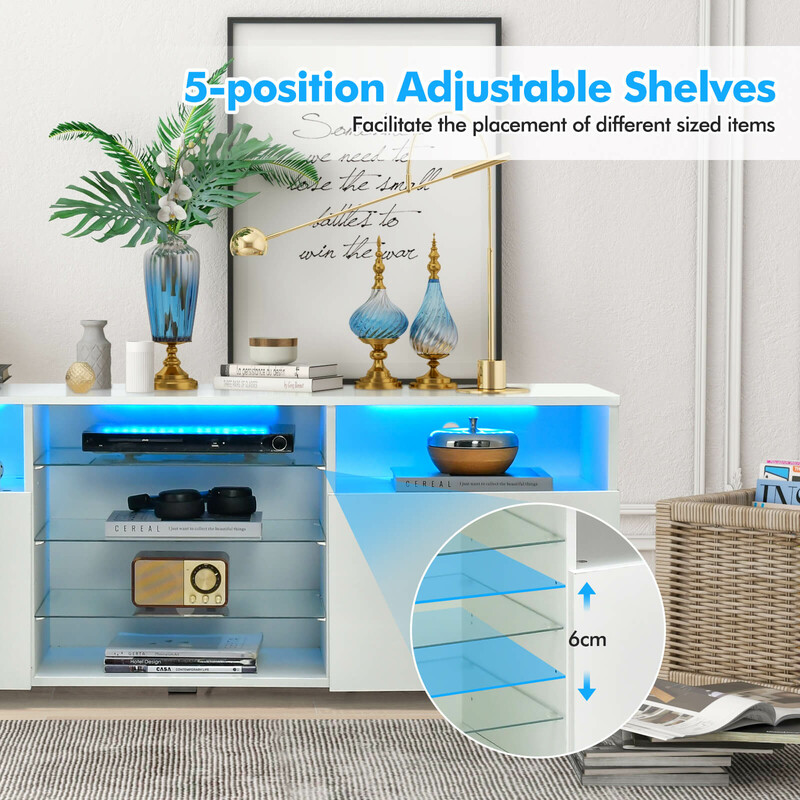 TV-bænk hvid MDF med LED-belysning justerbare glashylder 146x35x53 cm