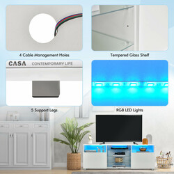 TV-bænk hvid MDF med LED-belysning justerbare glashylder 146x35x53 cm