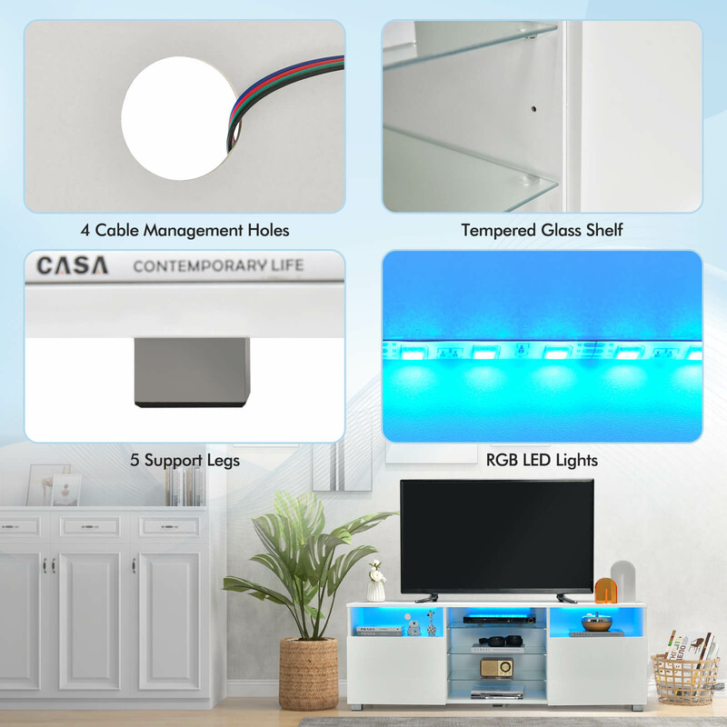 TV-bænk hvid MDF med LED-belysning justerbare glashylder 146x35x53 cm