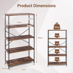Brun hylde med 5 hyldeplan metalram og træ 79x35x159 cm