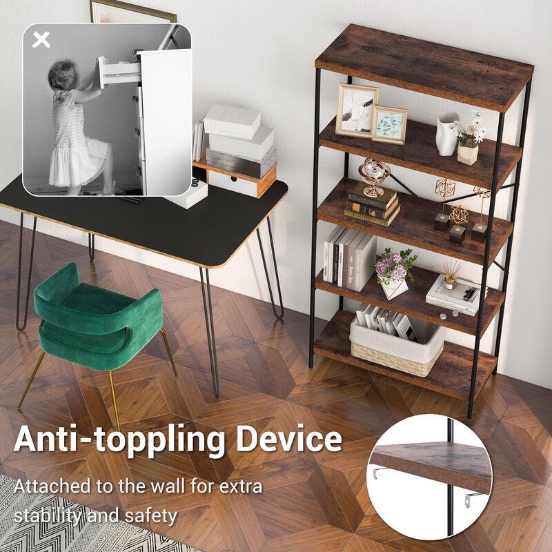 Brun hylde med 5 hyldeplan metalram og træ 79x35x159 cm