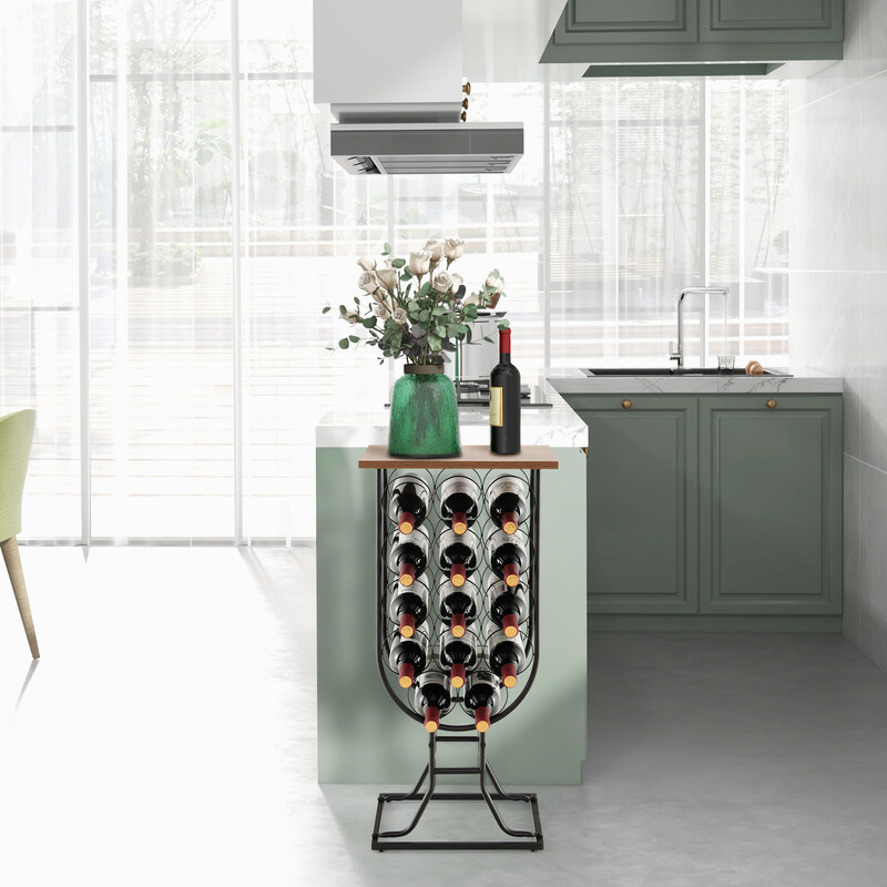 Sort vinstativ af rustfrit stål til 14 flasker med hjul 38x30x82 cm