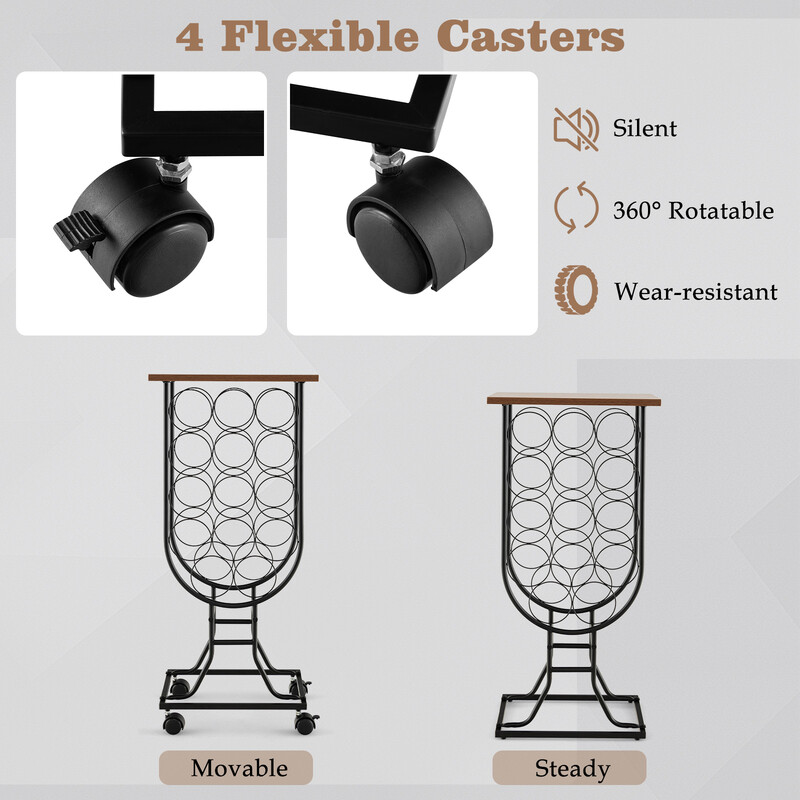 Sort vinstativ af rustfrit stål til 14 flasker med hjul 38x30x82 cm