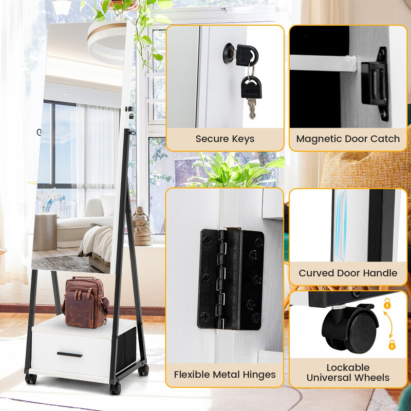 Smykkeskab med helkropsspejl hvid metal MDF 42x38x157 cm