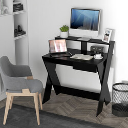 Skrivebord X‑formet ergonomisk sort med skuffe og monitorhylde 86x61 cm