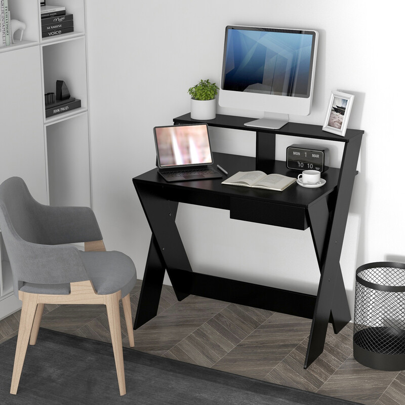Skrivebord X‑formet ergonomisk sort med skuffe og monitorhylde 86x61 cm